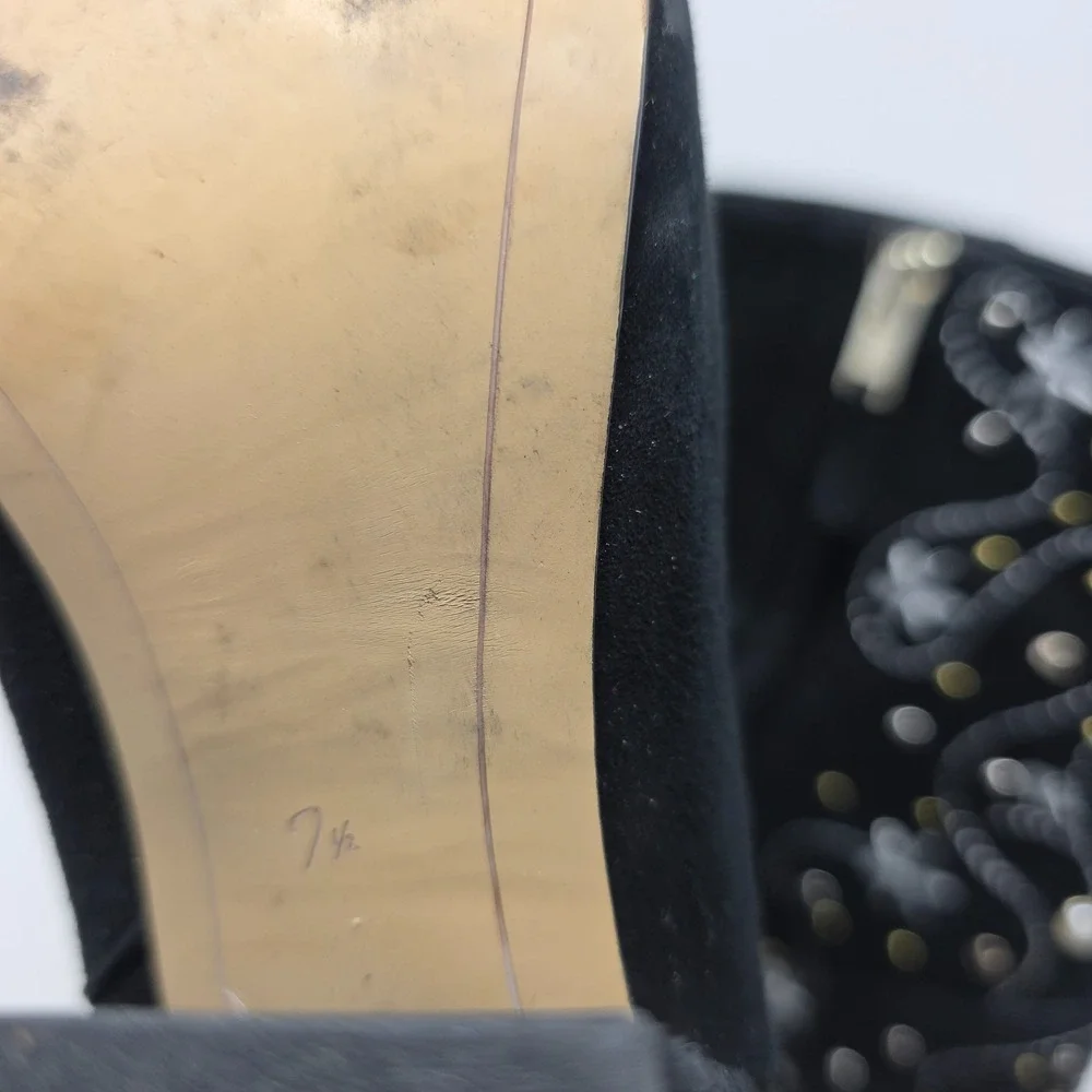 Sam Edelman Ankle Boots Womens 7.5 Black Suede Embroidered Pearl Stud Block Heel